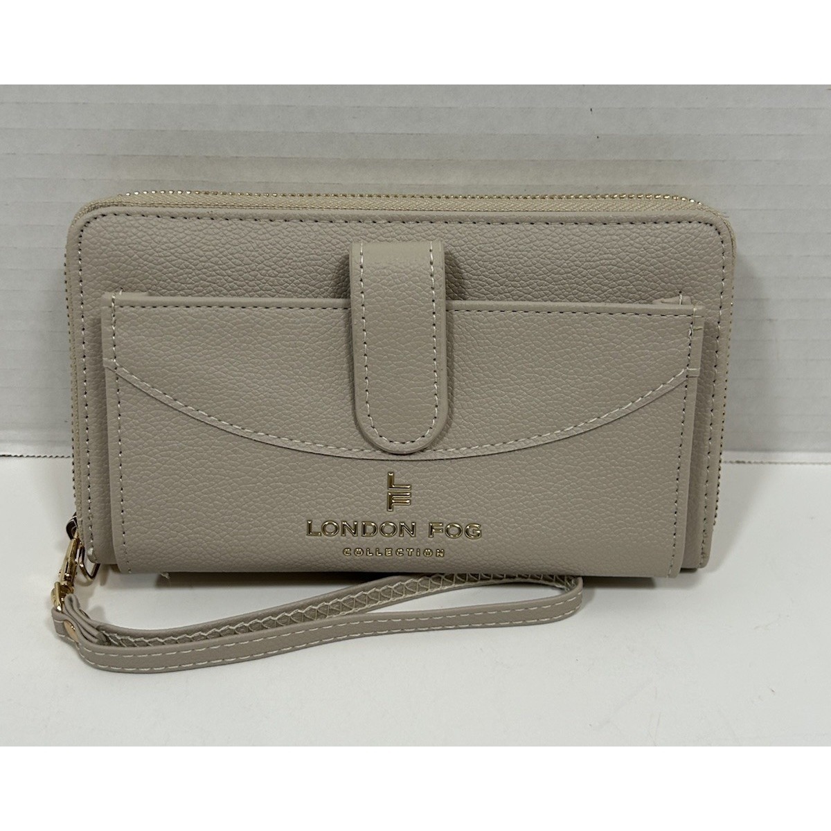 London Fog Collection Taupe Pebbled Zip Around Wristlet Wallet Gold Hardware 8"